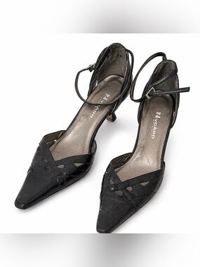 Nygard Collection Black Leather Pointed Toe Ankle Strap Kitten Heels Women’s 8.5